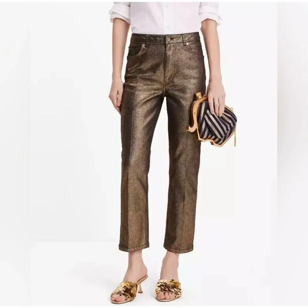 Kate Spade Gold Metallic Straight Leg Denim Pant Size 27
